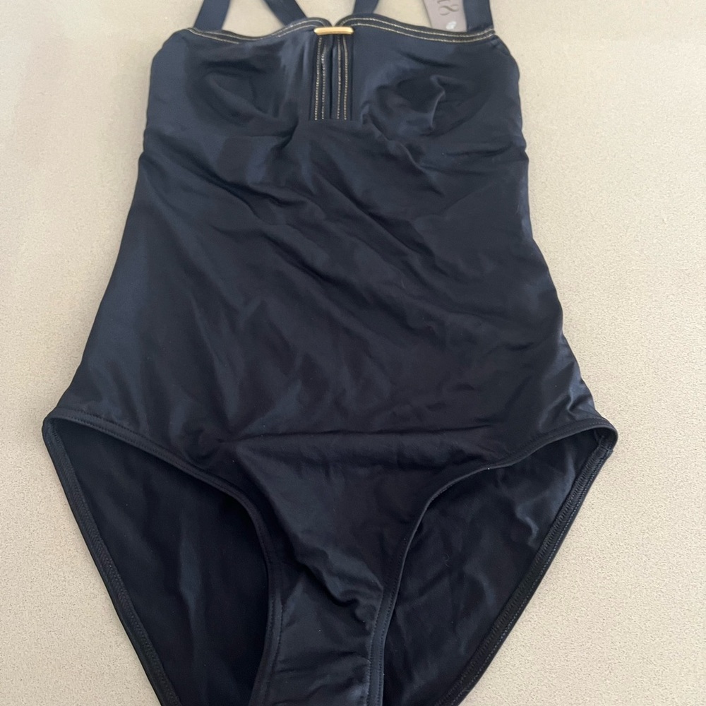 Black One-Piece Swimsuit with Gold Accent